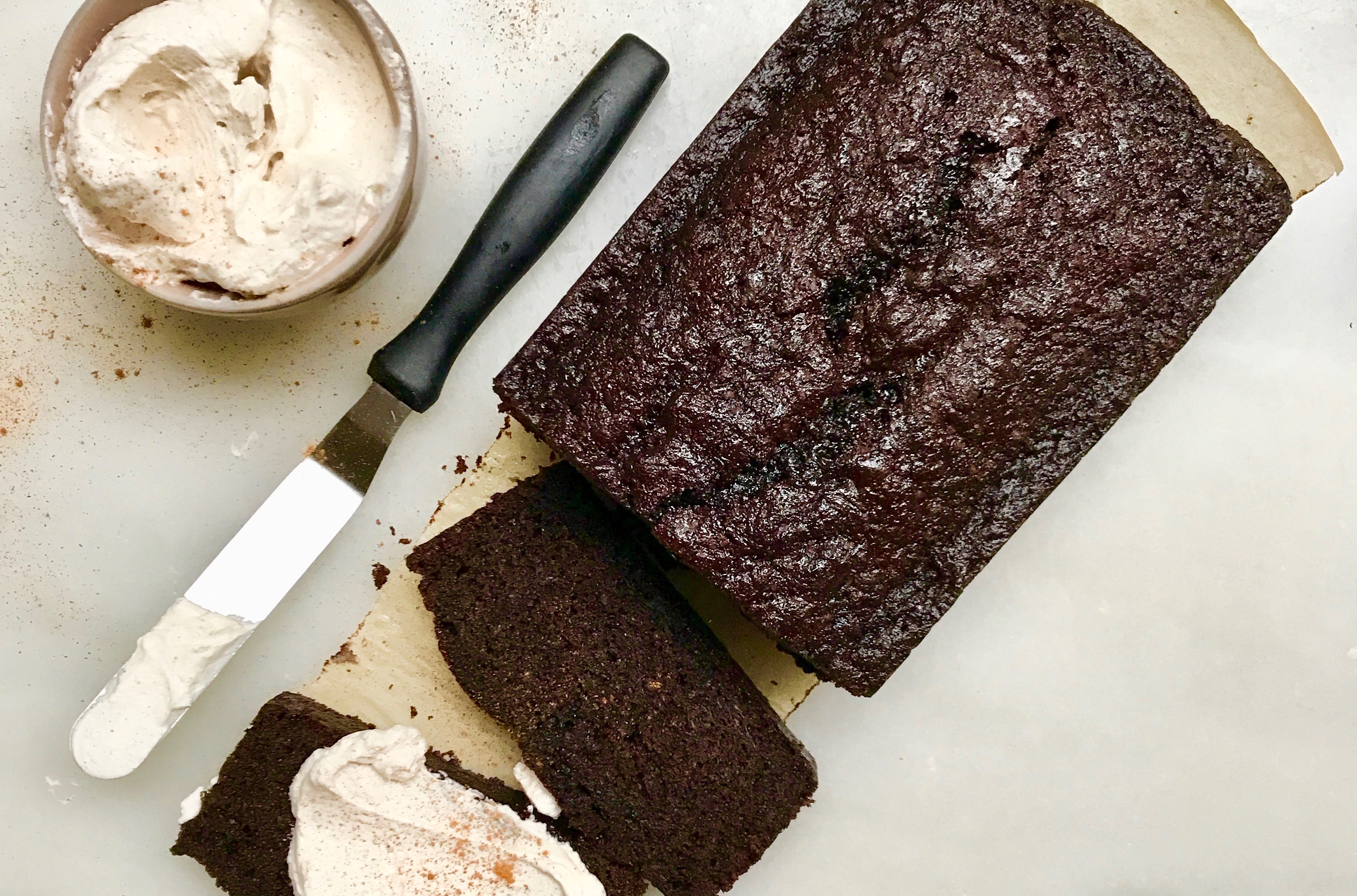 Chocolate Carrot Loaf Cake with Cinnamon Cream Cheese Whipped Cream | Jessie Sheehan Bakes
