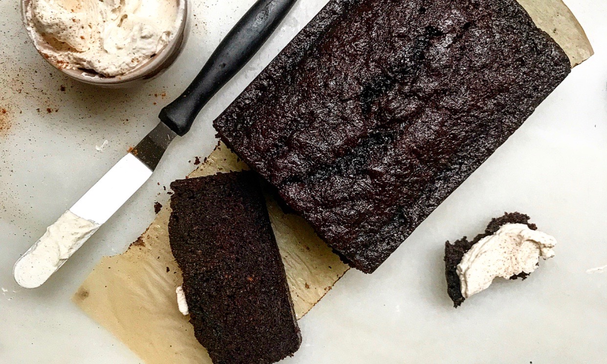 Chocolate Carrot Loaf Cake with Cinnamon Cream Cheese Whipped Cream | Jessie Sheehan Bakes