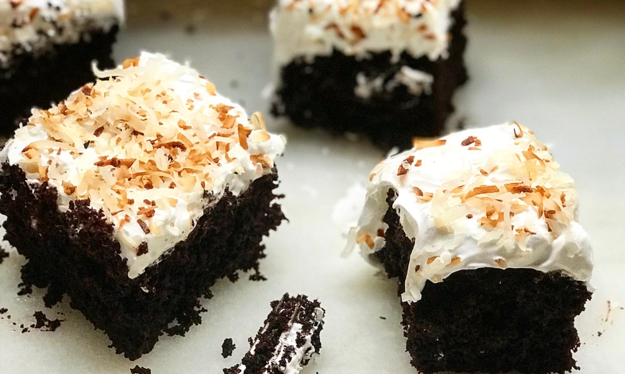 Chocolate Sheet Cake with Coconut Seven Minute Frosting | Jessie Sheehan Bakes