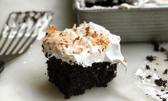 CHOCOLATE SHEET CAKE WITH COCONUT SEVEN-MINUTE FROSTING