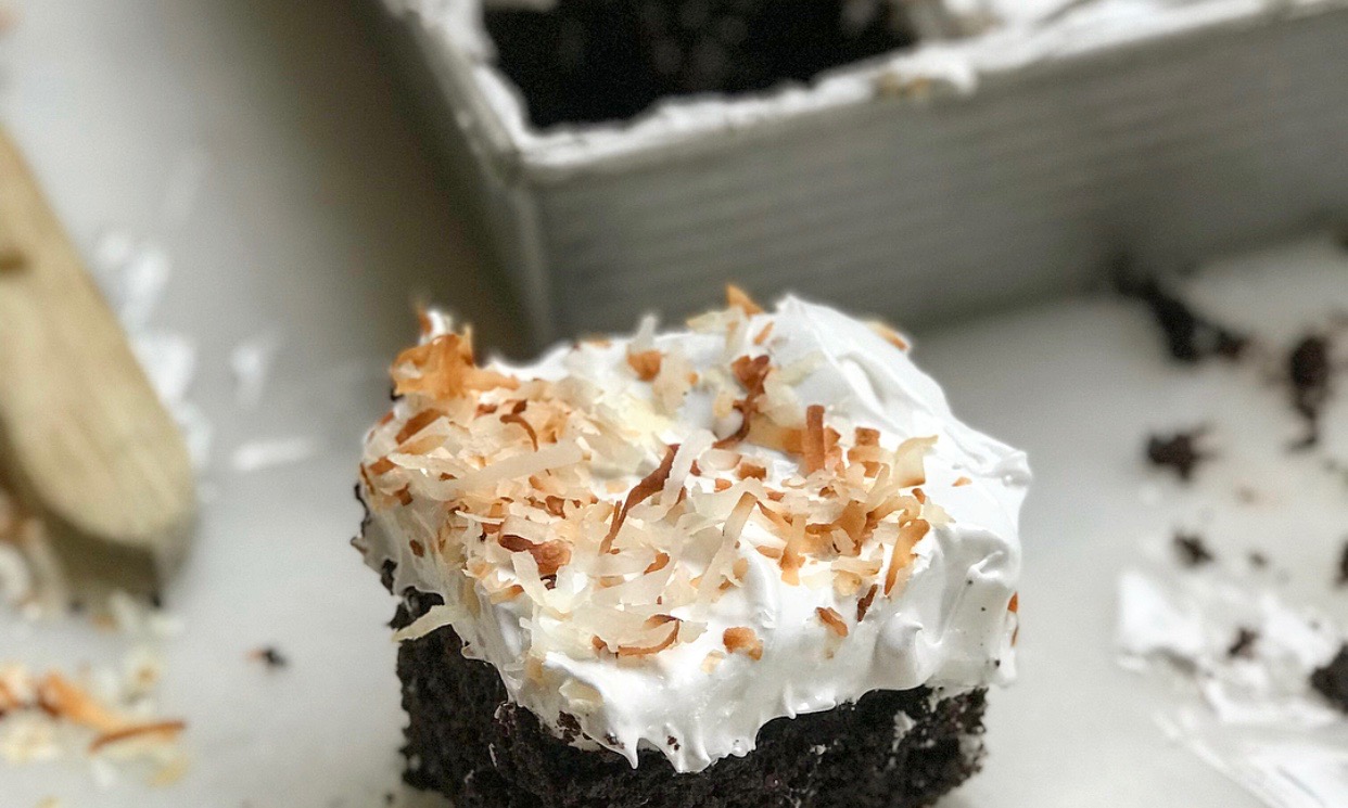 Chocolate Sheet Cake with Coconut Seven Minute Frosting | Jessie Sheehan Bakes