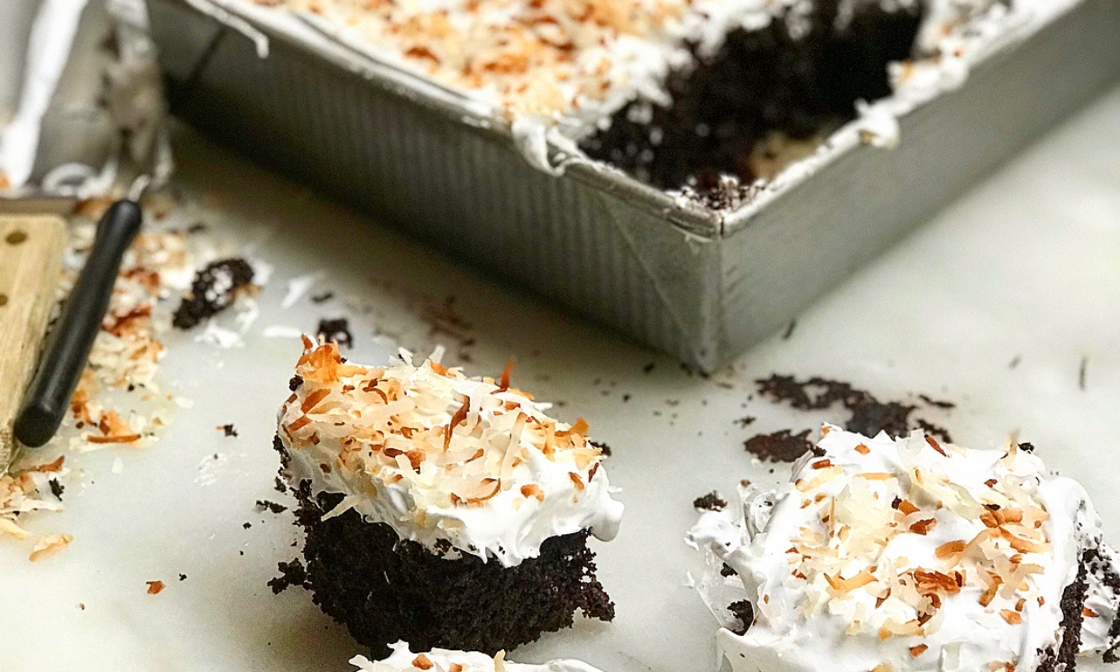 Chocolate Sheet Cake with Coconut Seven Minute Frosting | Jessie Sheehan Bakes
