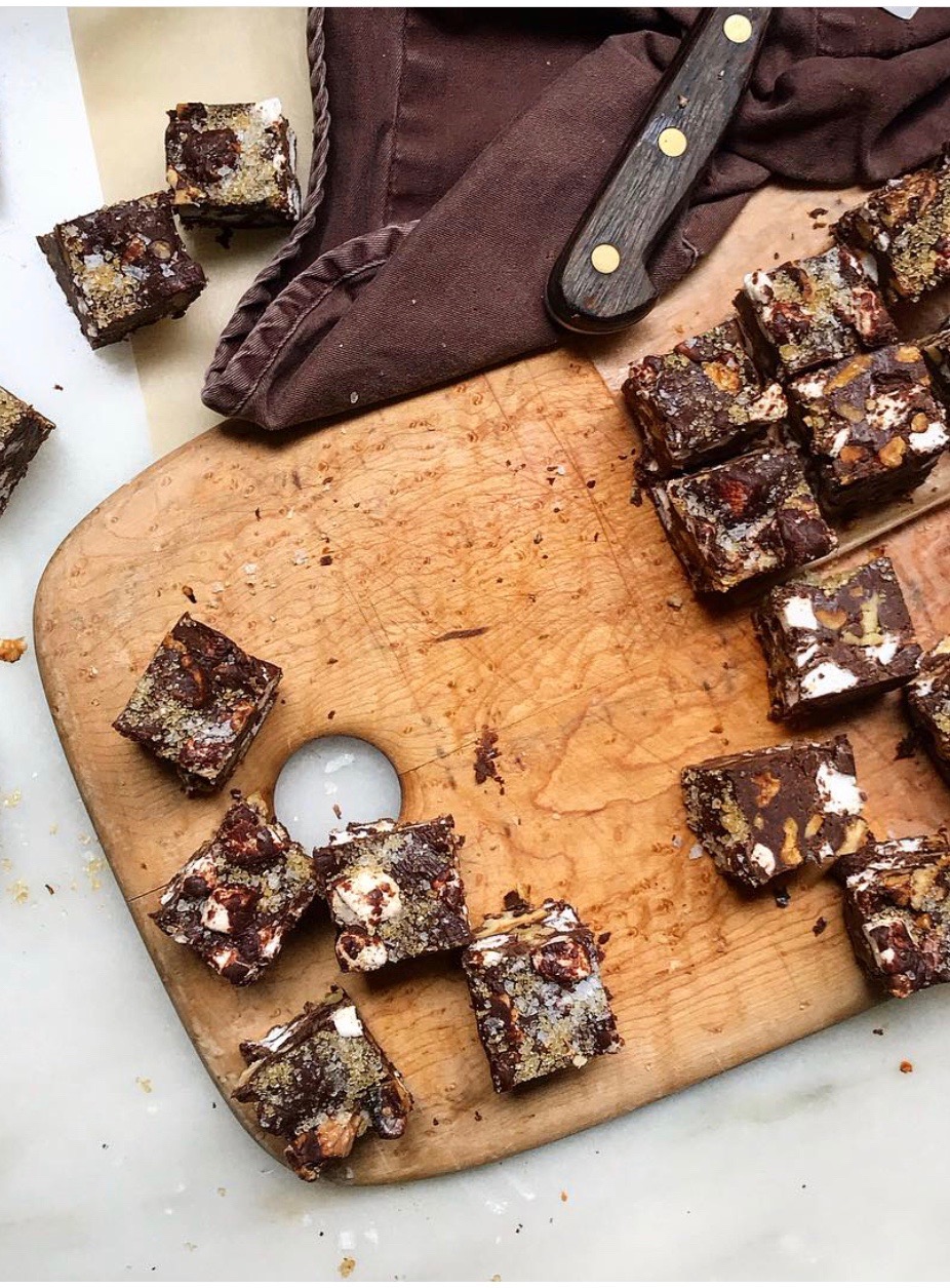Pieces of fudge on a cutting board Chocolate marshmallow walnut fudge | Jessie Sheehan Bakes