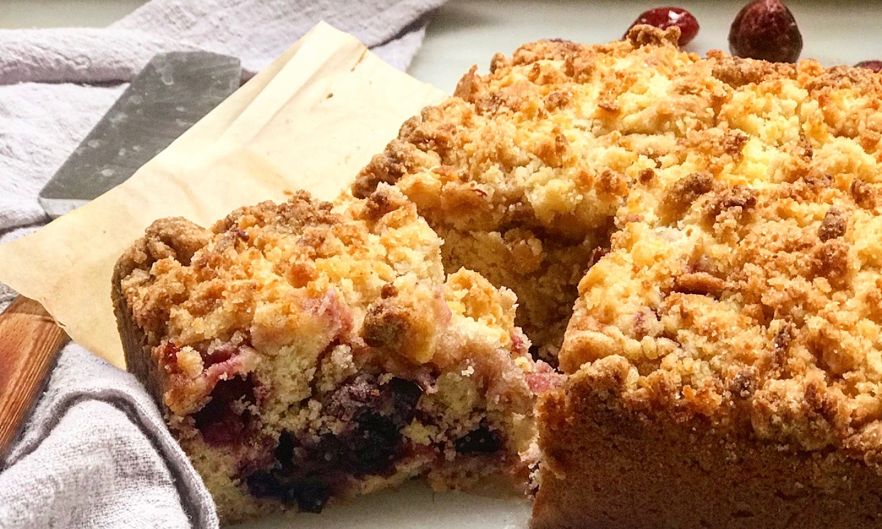 One-Bowl Cherry Almond Snack Cake with Marzipan Crumble | Jessie Sheehan Bakes