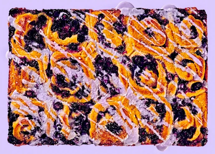 Overnight Blueberry Morning Buns with Lilac Glaze Recipe by Jessie Sheehan | Rachael Ray