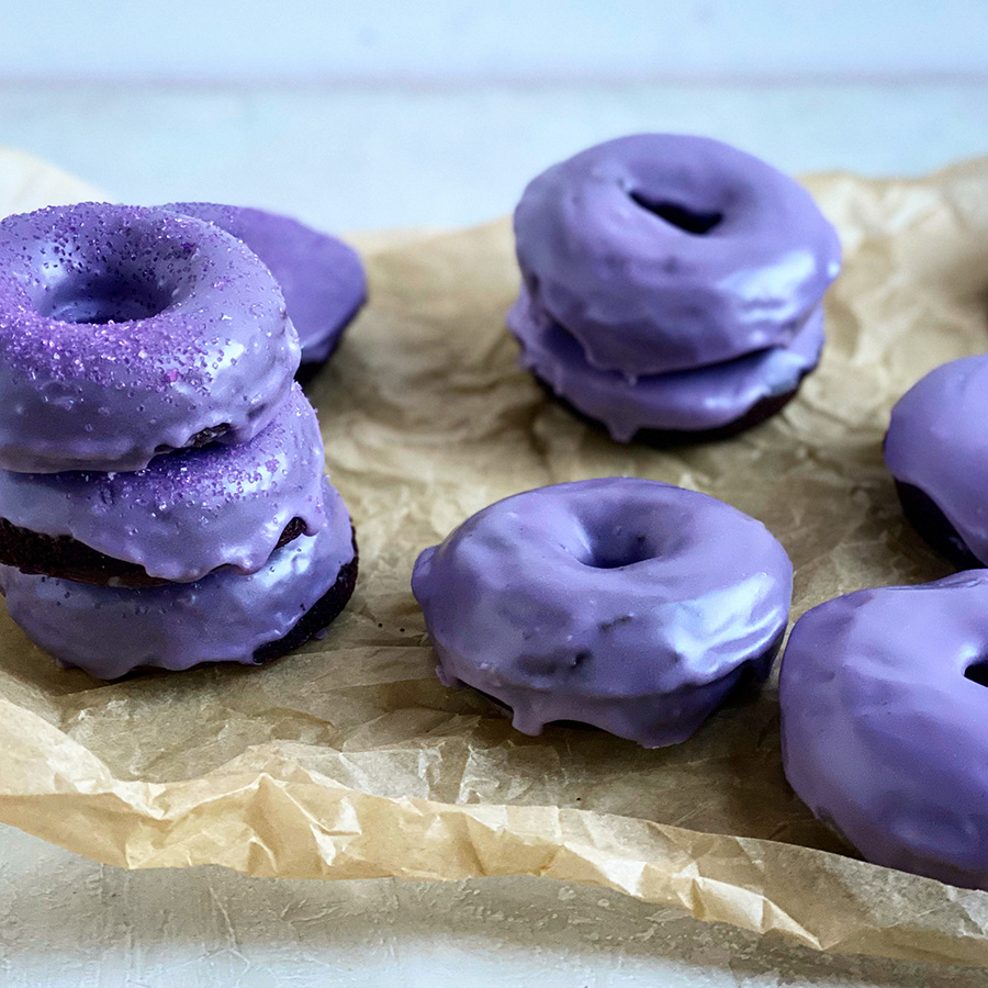 Baked Chocolate Cake Donuts with Purple Glaze | Jessie Sheehan Bakes