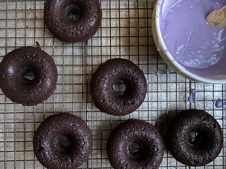 Baked Chocolate Cake Donuts with Purple Glaze | Jessie Sheehan Bakes