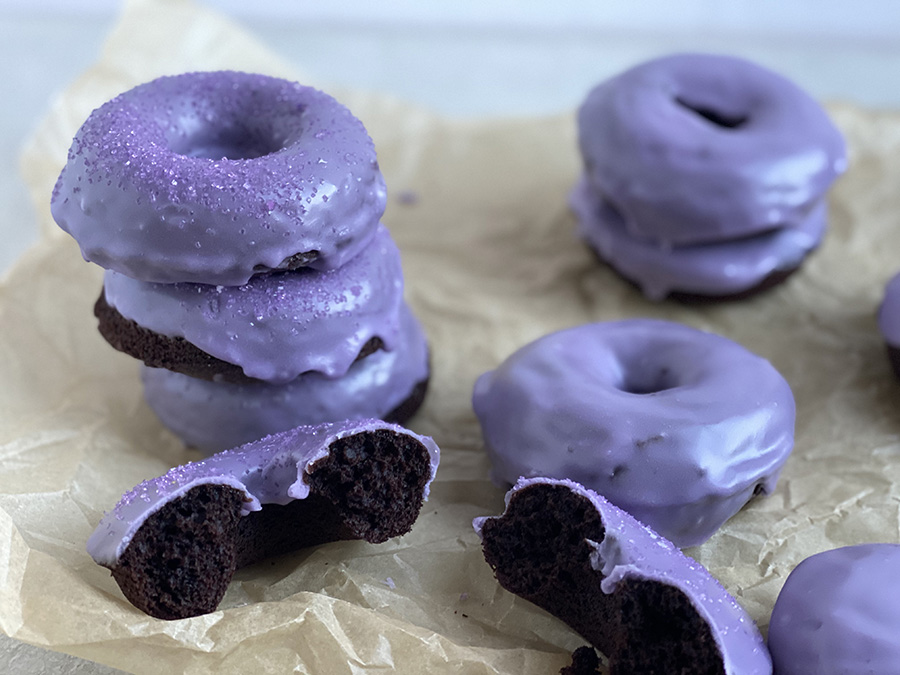 Baked Chocolate Cake Donuts with Purple Glaze | Jessie Sheehan Bakes