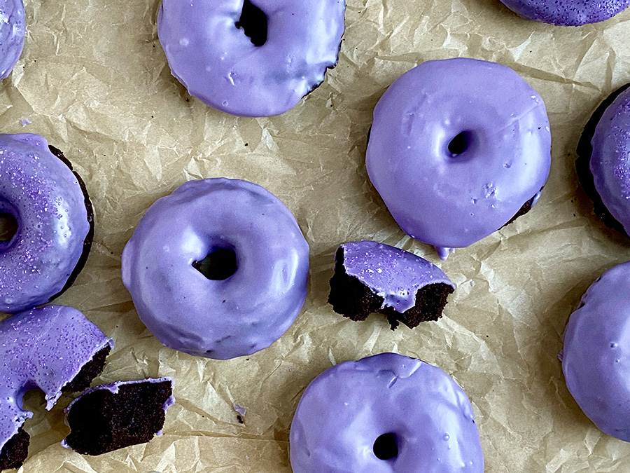 Baked Chocolate Cake Donuts with Purple Glaze | Jessie Sheehan Bakes