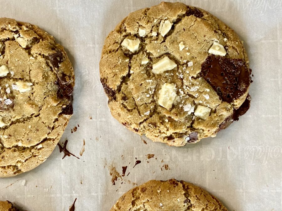 Olive oil triple chocolate chunk cookies detail